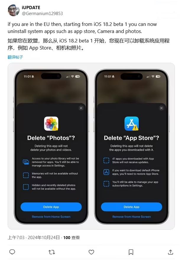 文圣苹果手机维修分享iOS 18.2 支持删除 App Store 应用商店 