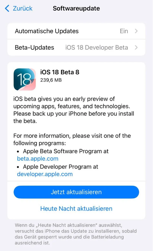 文圣苹果手机维修分享苹果 iOS / iPadOS 18 开发者预览版 Beta 8 发布 